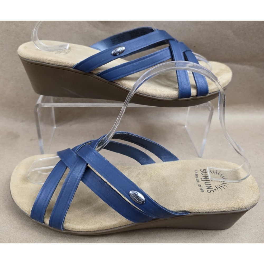 Bass Sz 9 M Sunjuns Sandals Women's Navy Blue Leather Sheila Strappy Wedge Slide